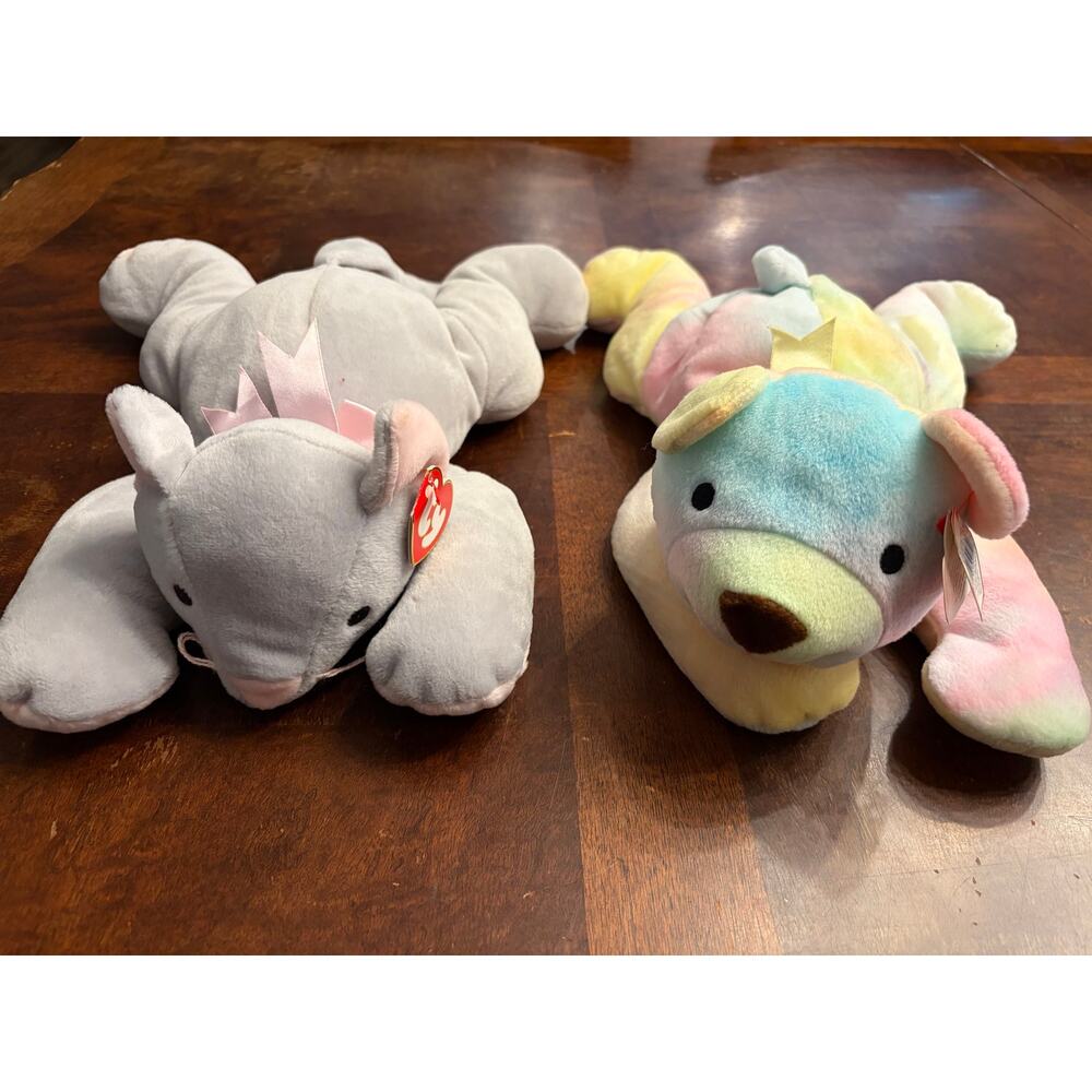 Vintage Lot of 2 Ty Beanie Babies Pillow Pals: Sherbet Bear + Meow Cat 12” Long